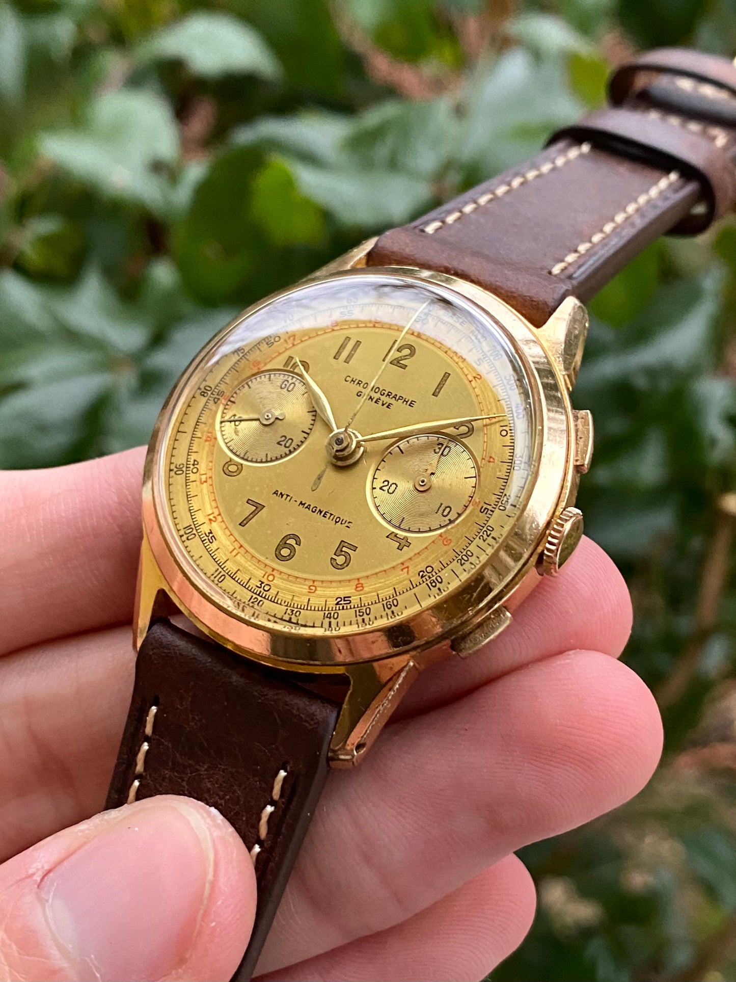 Chronographe Genève Montre Vintage Suisse Landeron 48 Plaqué Or - Jumbo Size - 1950