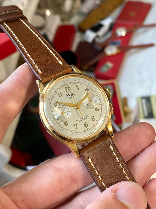 ITA Genève Chronographe Suisse Plaqué Or Montre Vintage Mécanique Landeron 51 - 1960