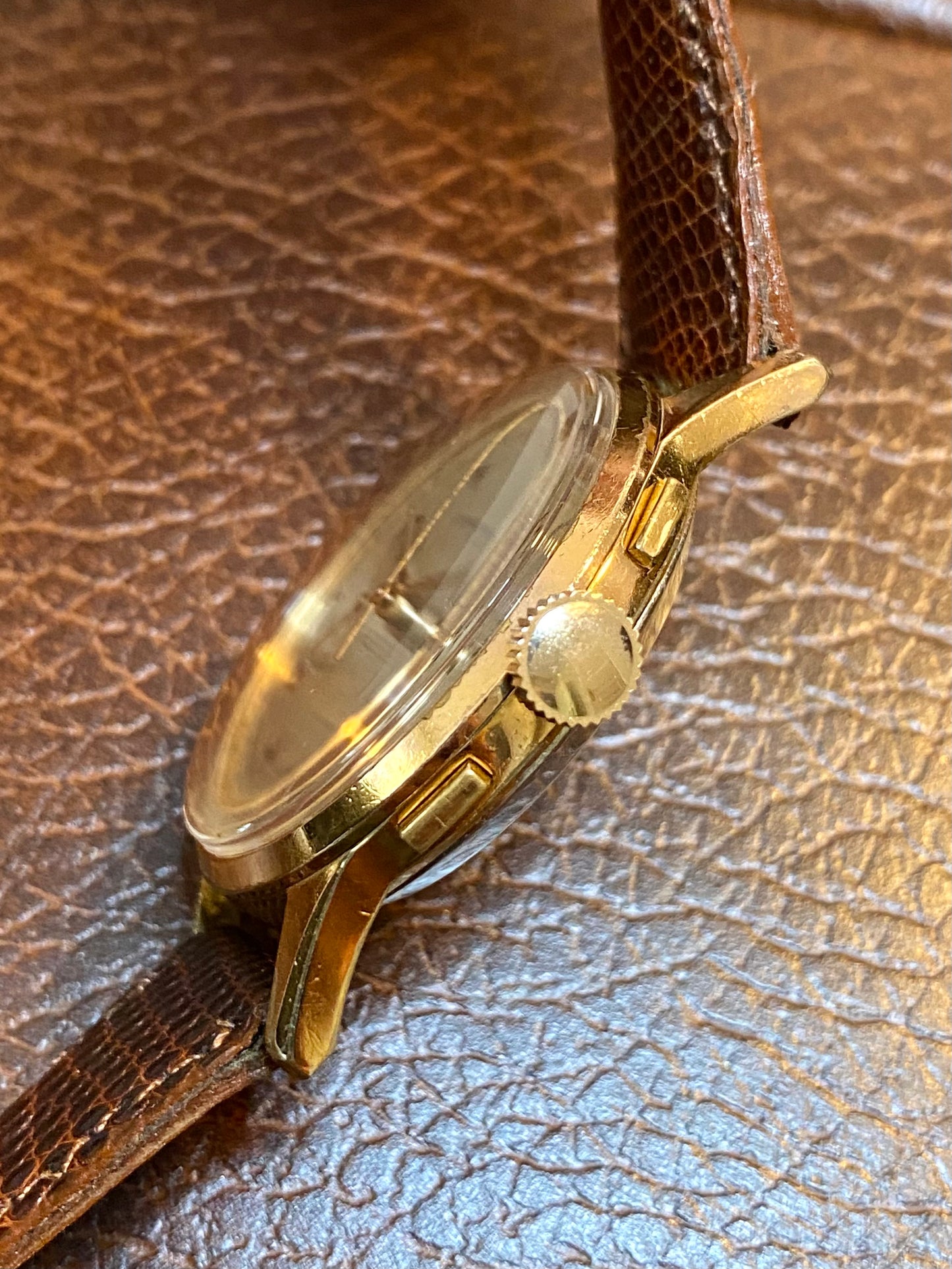 Chronographe Suisse Landeron 51 Plaqué Or Montre Vintage Mécanique Jumbo Size 1950