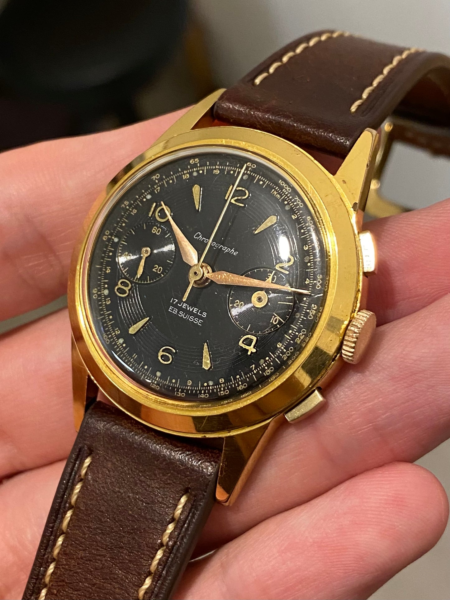 Chronographe Ébauche Suisse Landeron 50 Plaqué Or Montre Vintage Mécanique 1960