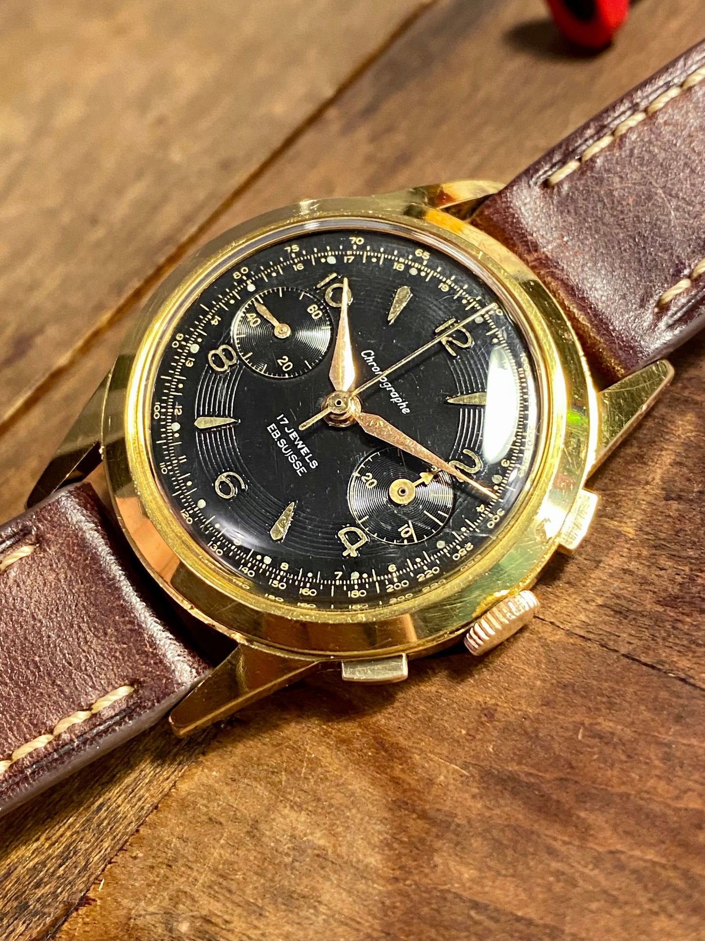 Chronographe Ébauche Suisse Landeron 50 Plaqué Or Montre Vintage Mécanique 1960