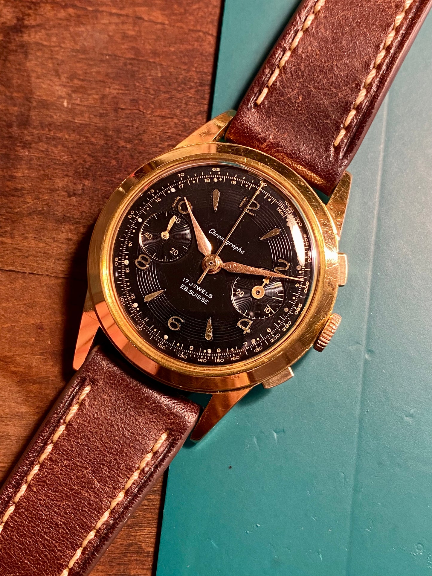 Chronographe Ébauche Suisse Landeron 50 Plaqué Or Montre Vintage Mécanique 1960