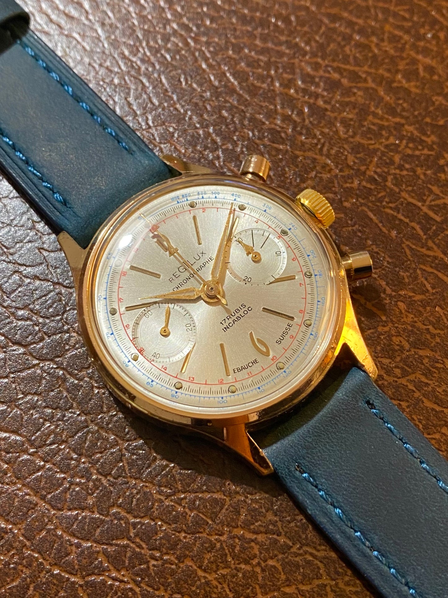 Regilux Chronographe Ébauche Suisse Montre Vintage Mécanique Landeron 248 Plaqué Or 1960