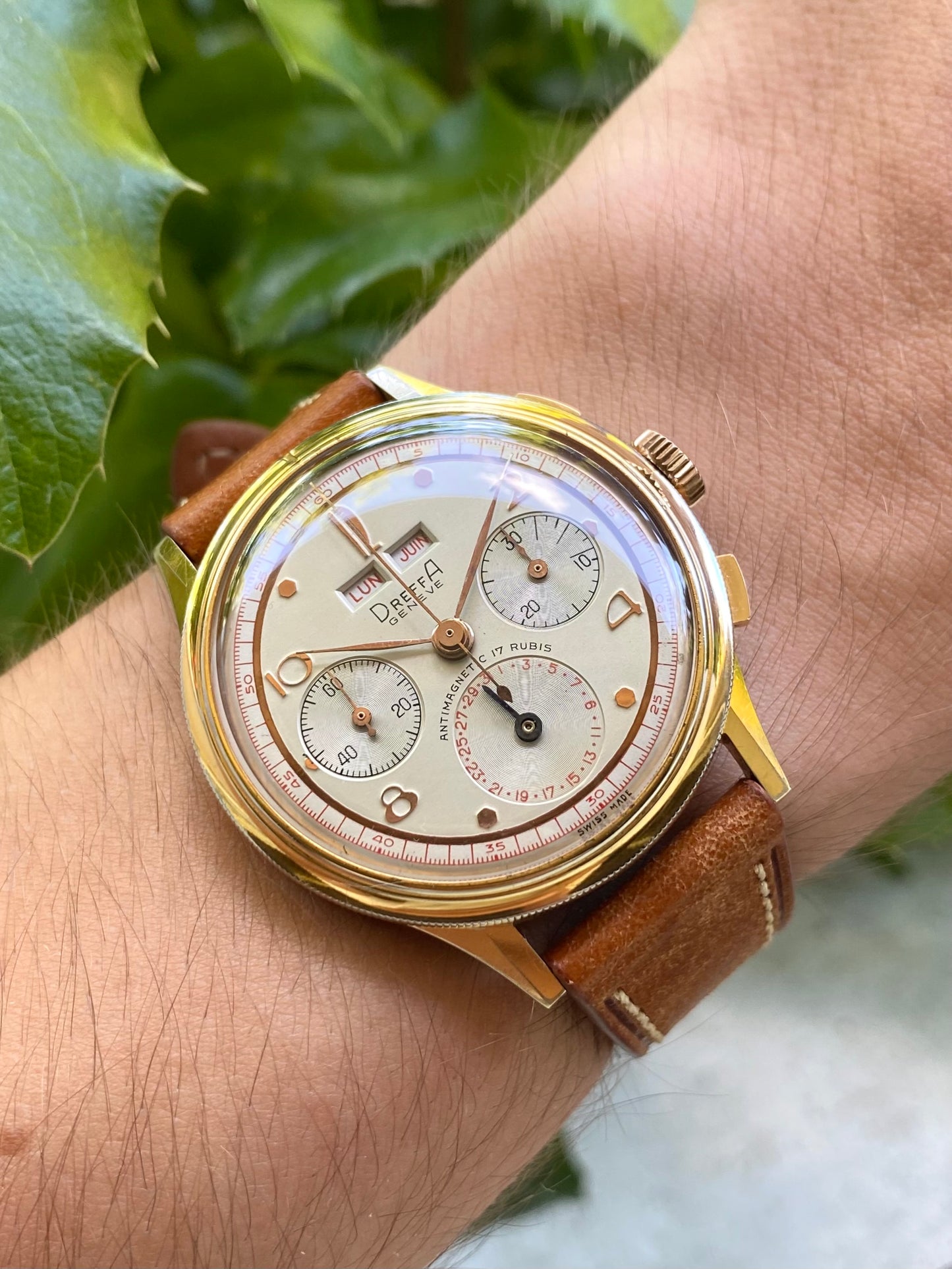 Dreffa Genève Chronographe Triple Date Calendar Landeron 59 - Lunette Tourante - Montre Vintage Plaqué Or 1950