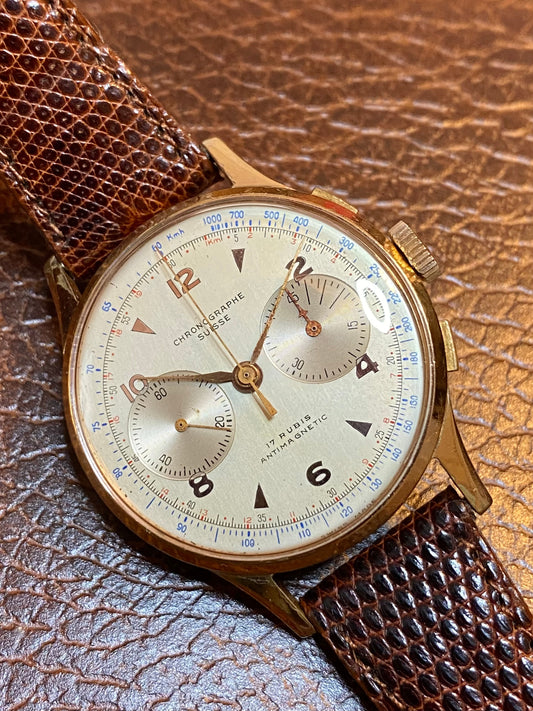 Chronographe Suisse Landeron 51 Plaqué Or Montre Vintage Mécanique Jumbo Size 1950