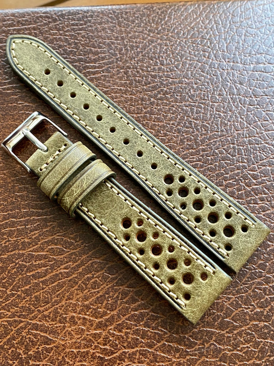 Bracelet de Montre Vintage - VERT Rallye Sport 18mm - Cuir Véritable Ajouré