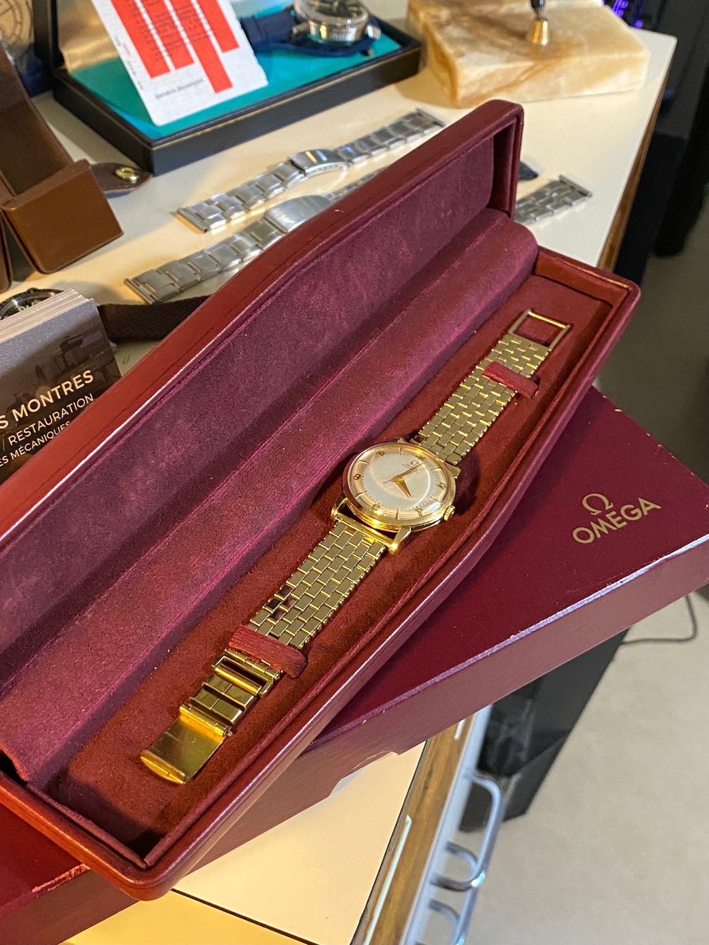 OMEGA Écrin de Montre Vintage en Cuir Véritable + Surboite - Boite Étui de rangement