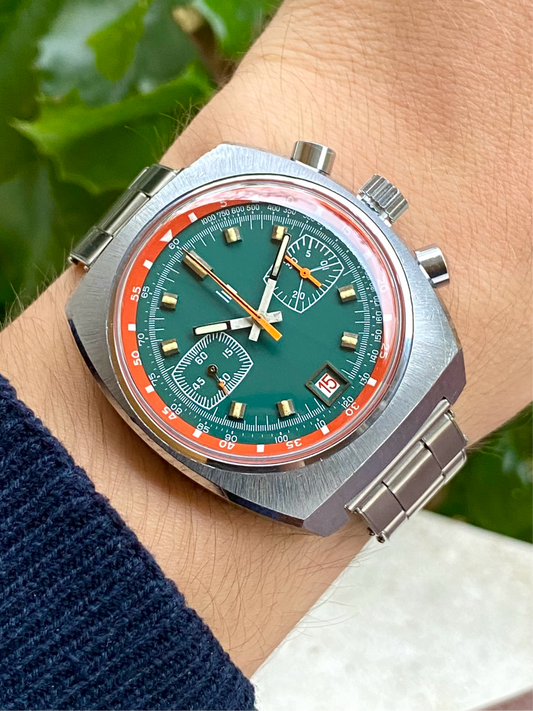 LIP Chronographe Montre Vintage Français - Cadran Vert & Orange - Valjoux 7734 Oversize - 1970