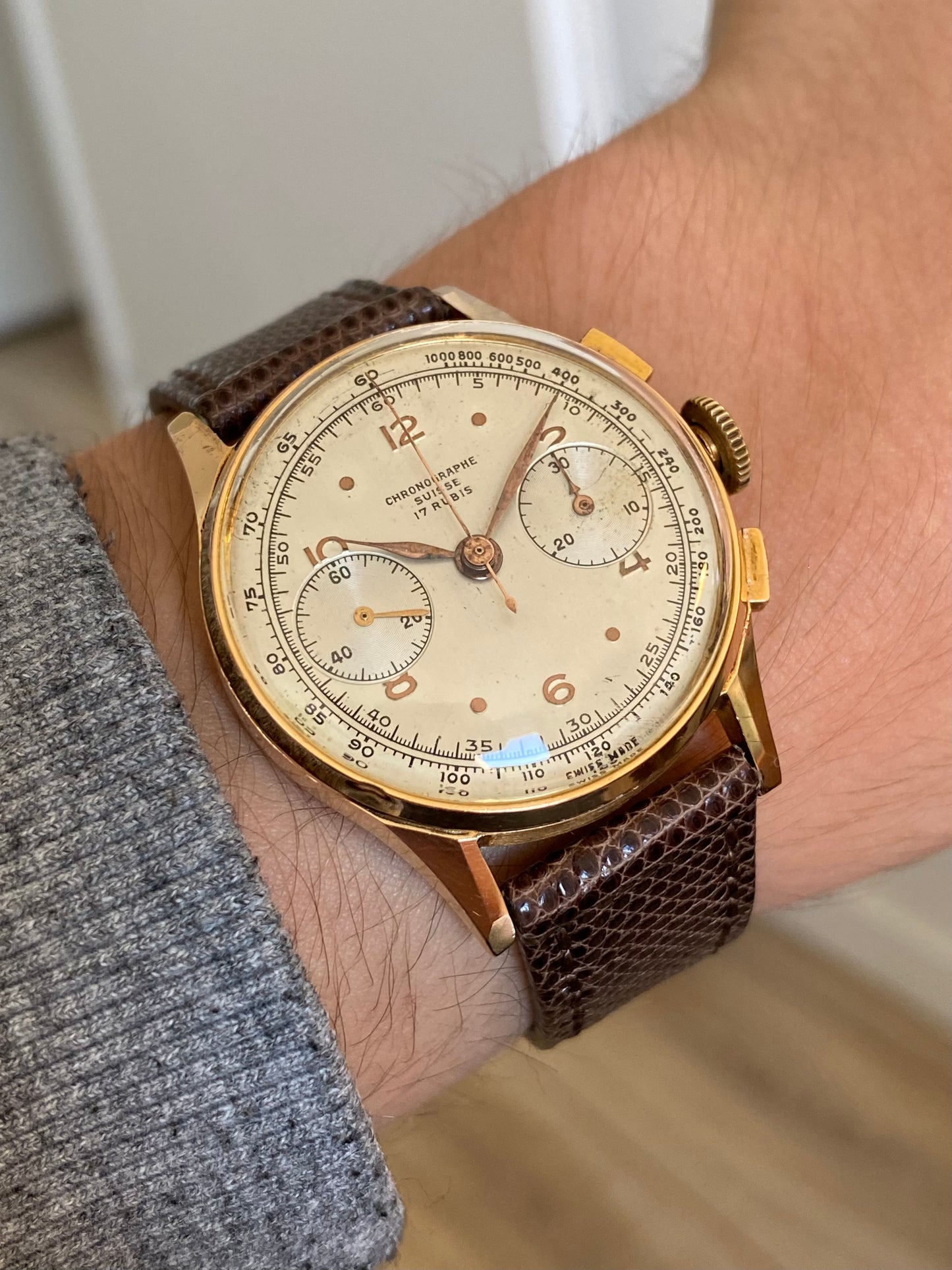 Chronographe Suisse 18k Or Rose 750/1000 Montre Vintage Mécanique Landeron 48 1950