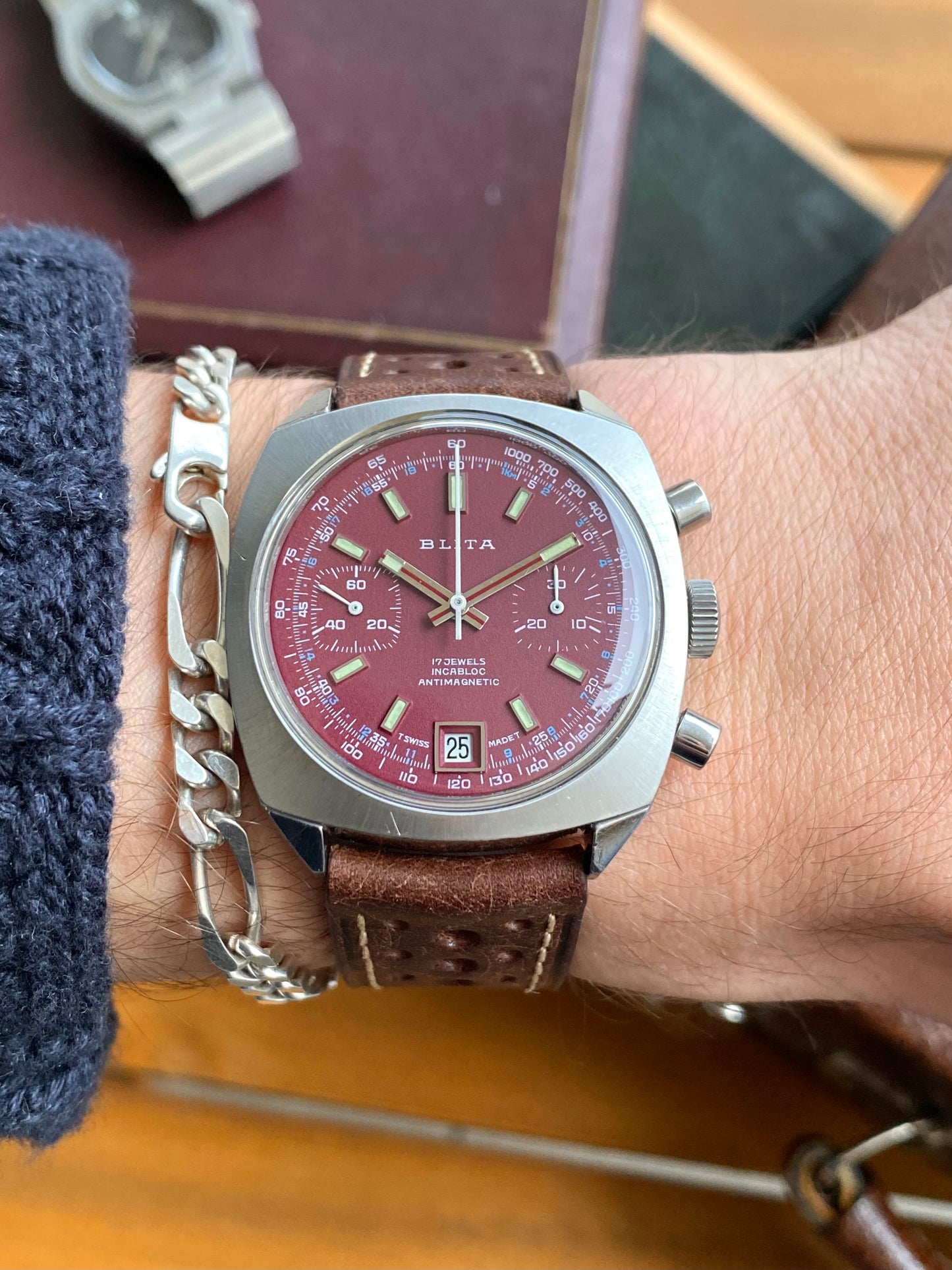 Blita Montre Vintage Chronographe Mécanique Valjoux 7734 - Cadran Bordeaux Sport Rallye 1970