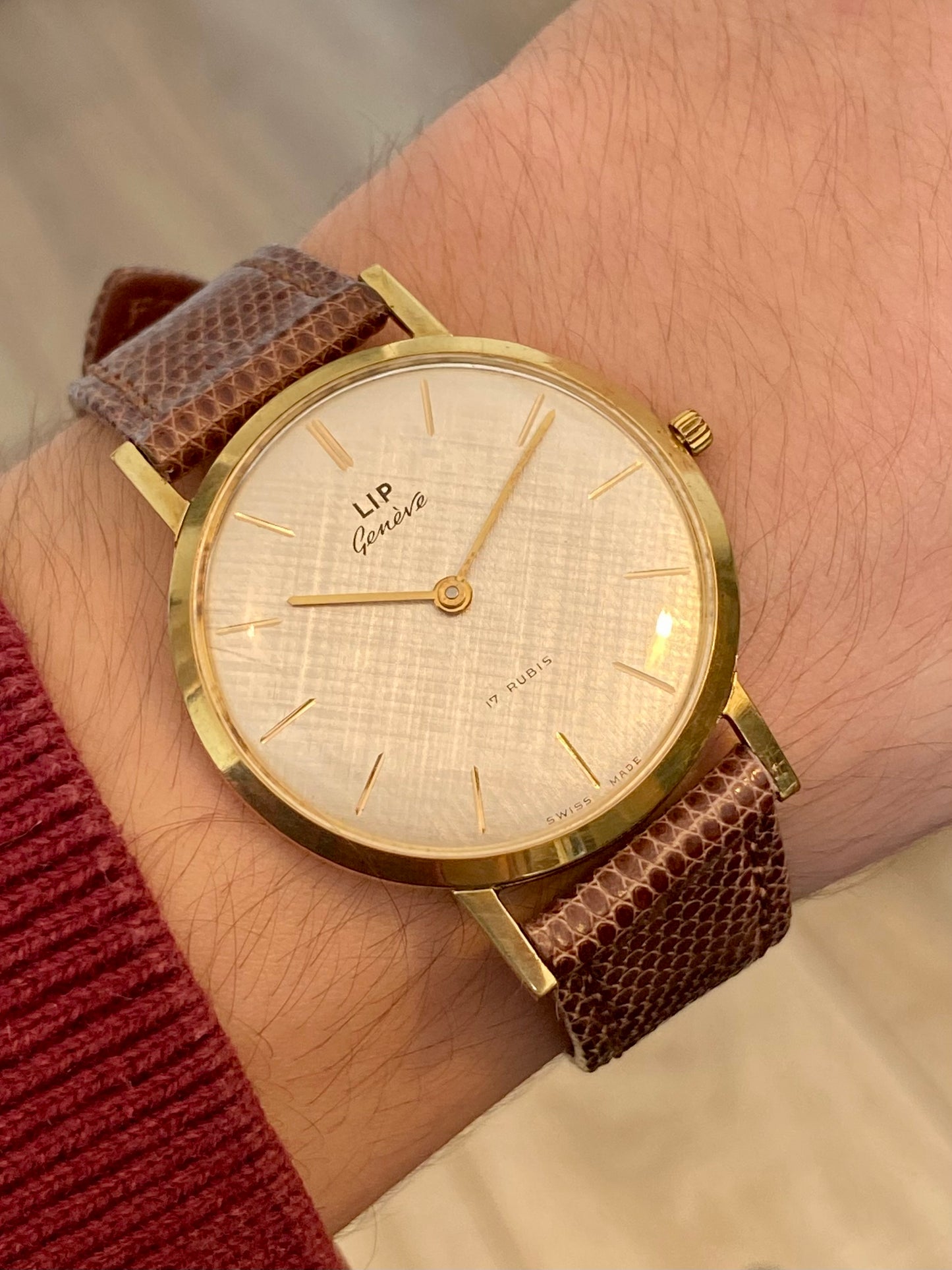 LIP Genève Extra Fine Plaqué Or Cadran Lin Montre Vintage Mécanique 1960