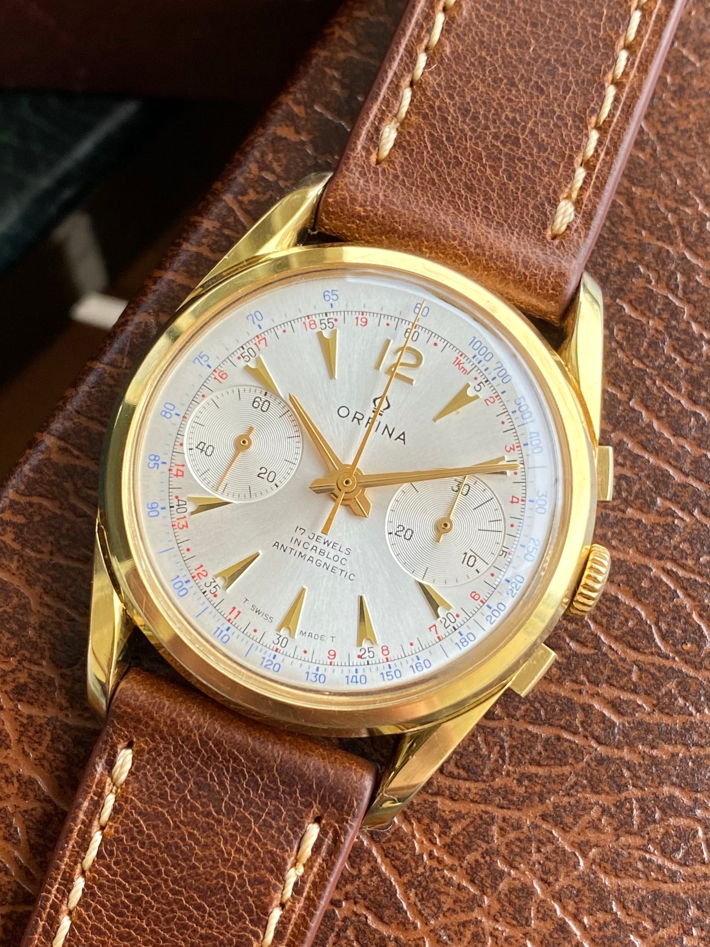 Orfina Montre Chronographe Suisse Landeron 248 Plaqué Or Vintage Mécanique 1960