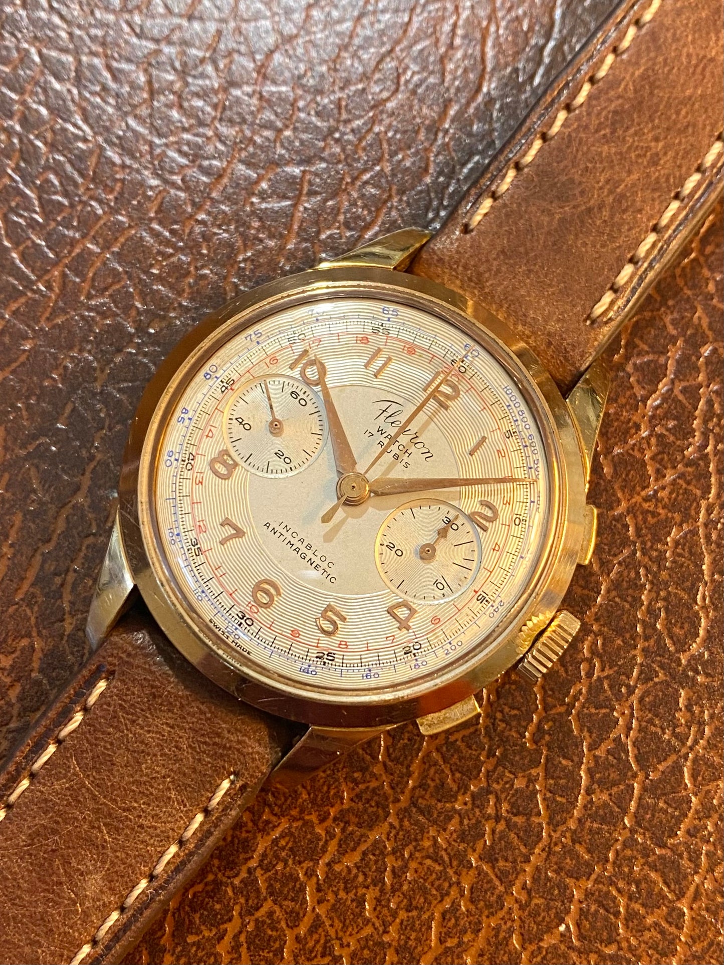 Fleuron Chronographe Suisse Landeron 151 Plaqué Or Montre Vintage Mécanique 1960