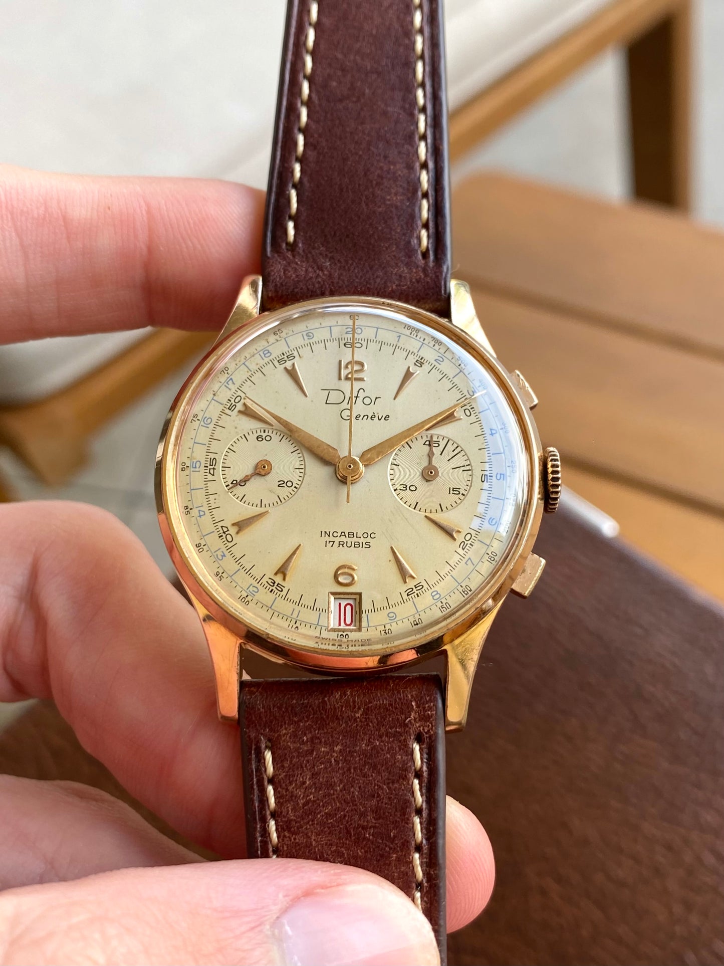 Difor Genève Chronographe Suisse Plaqué Or - Landeron 189 Date Montre Vintage Mécanique 1950