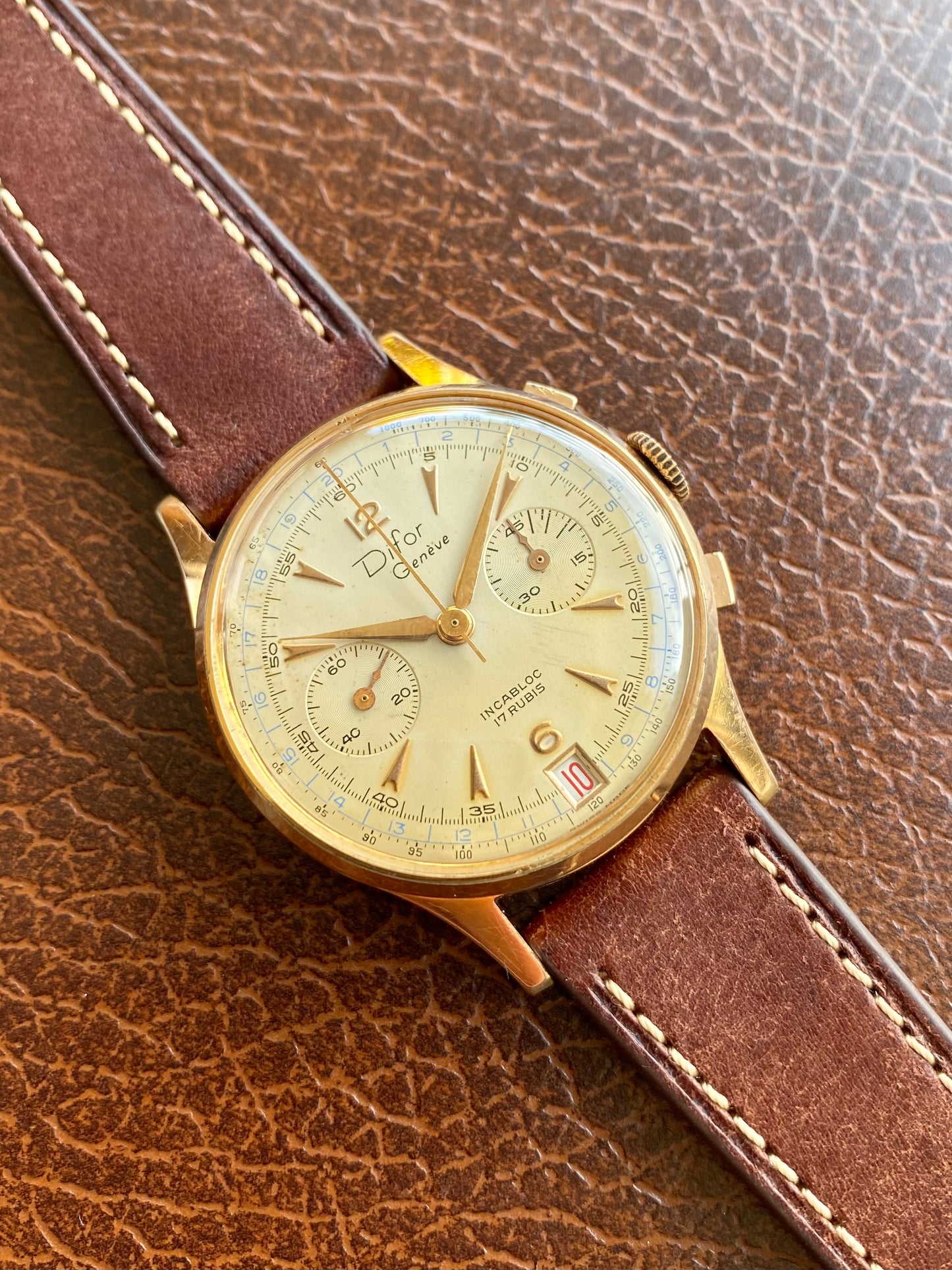 Difor Genève Chronographe Suisse Plaqué Or - Landeron 189 Date Montre Vintage Mécanique 1950