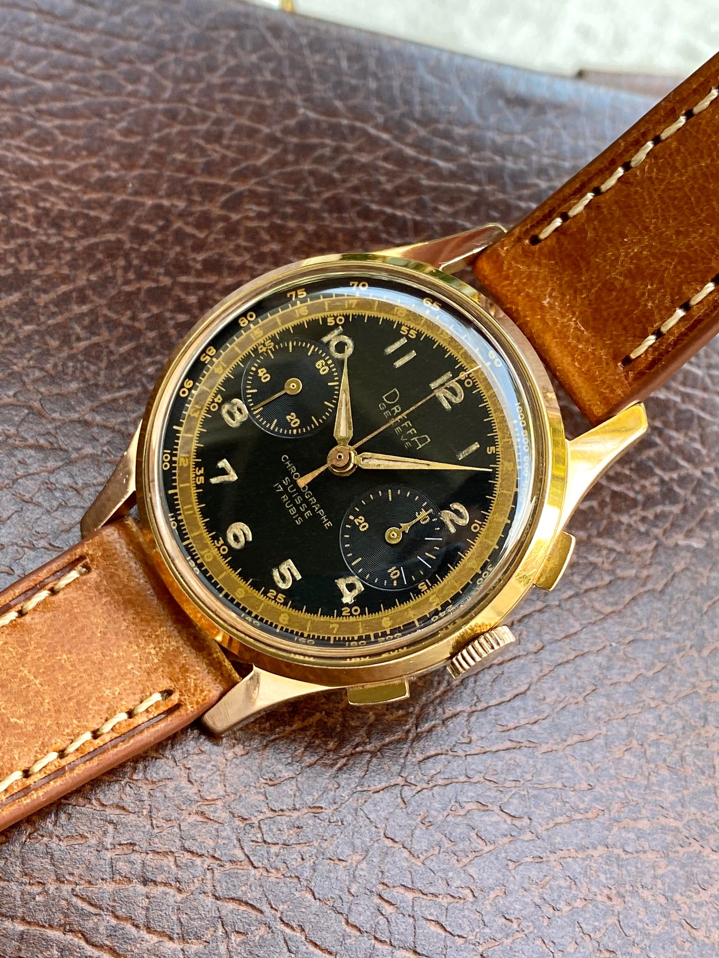 Dreffa Genève Chronographe Suisse Landeron 151 Plaqué Or Montre Vintage Mécanique 1950
