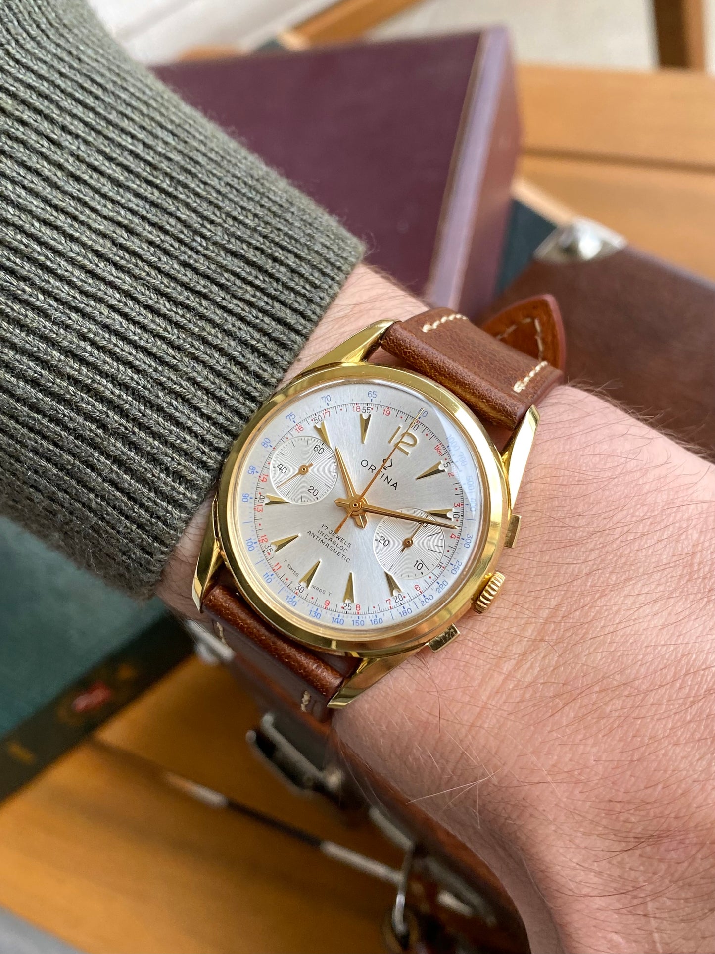 Orfina Montre Chronographe Suisse Landeron 248 Plaqué Or Vintage Mécanique 1960