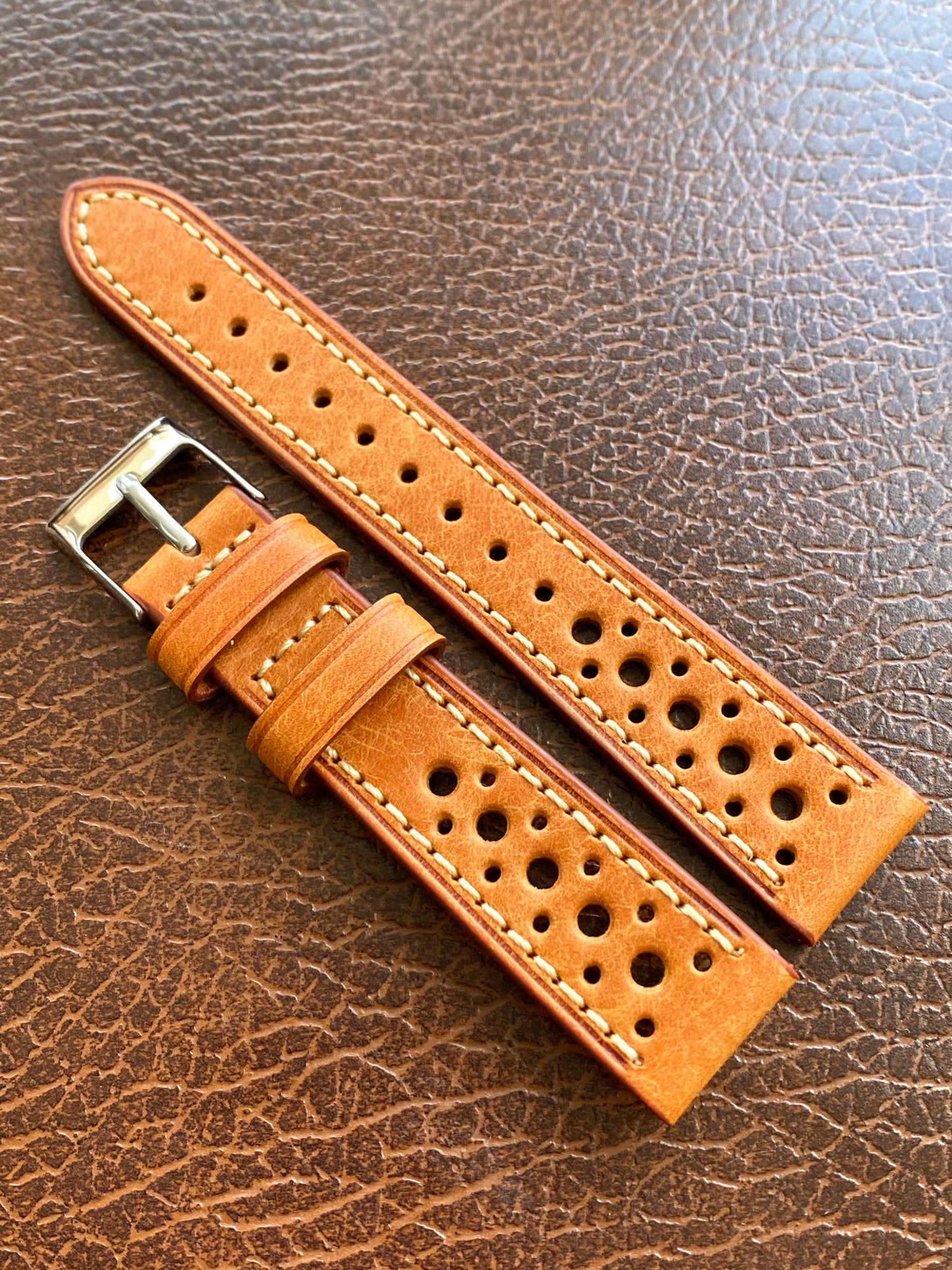 Bracelet de Montre Vintage - BRUN Rallye Sport 18mm - Cuir Véritable Ajouré