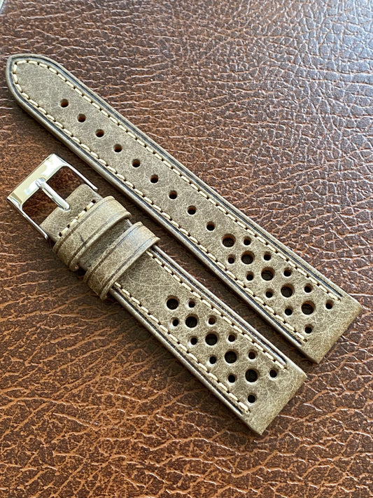 Bracelet de Montre Vintage - GRIS Rallye Sport 18mm - Cuir Véritable Ajouré