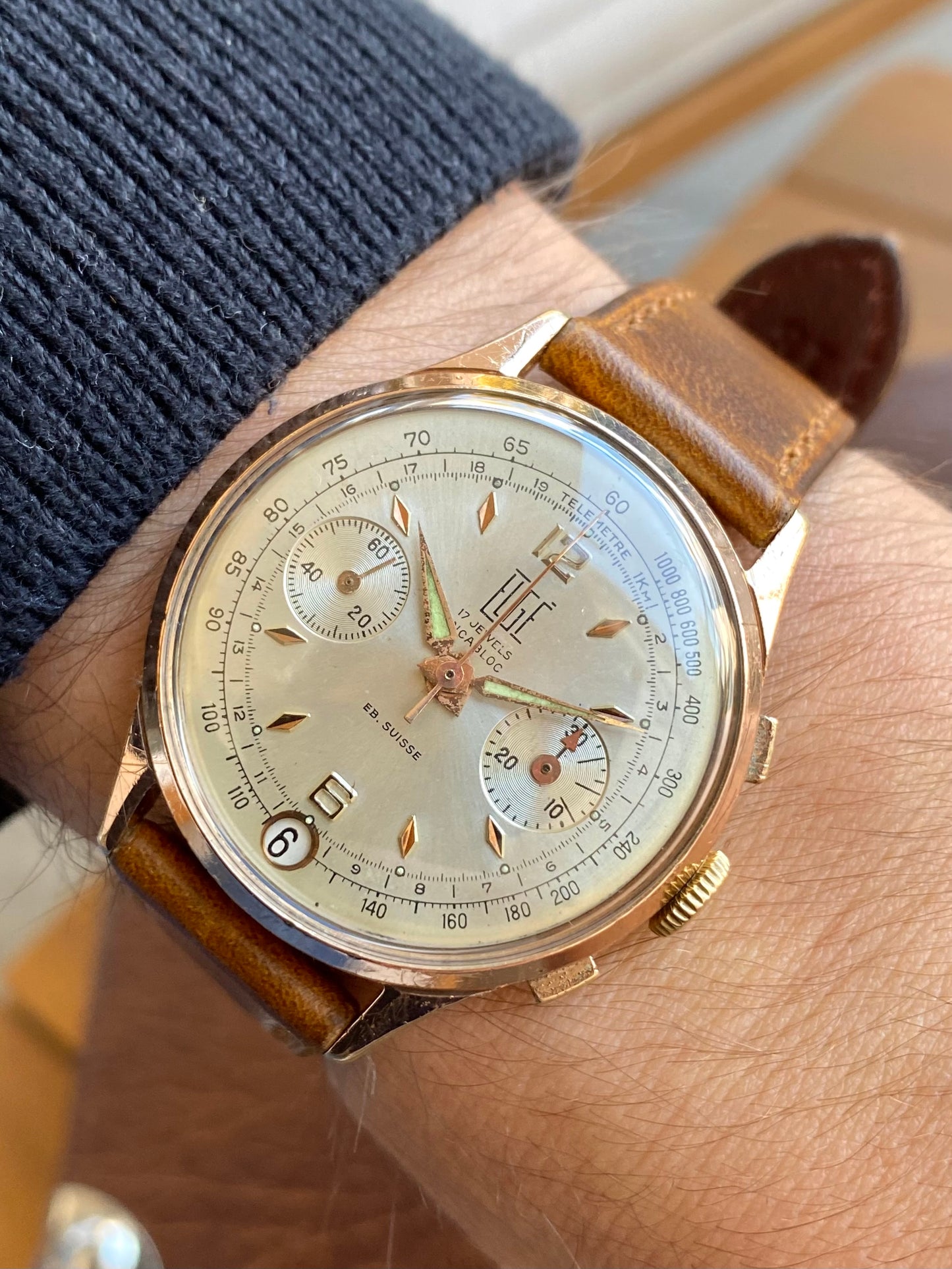 Elgé Ébauche Suisse Chronographe - Montre Vintage Mécanique Plaqué Or Landeron 187 - 1960