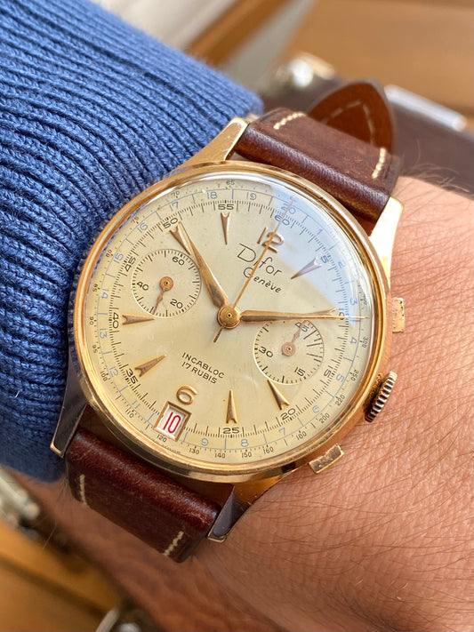 Difor Genève Chronographe Suisse Plaqué Or - Landeron 189 Date Montre Vintage Mécanique 1950