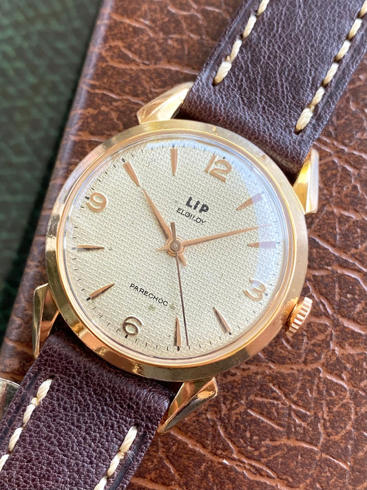 LIP Elgiloy PareChoc France R25 Montre Vintage Mécanique Cadran Guilloché Plaqué Or 1950
