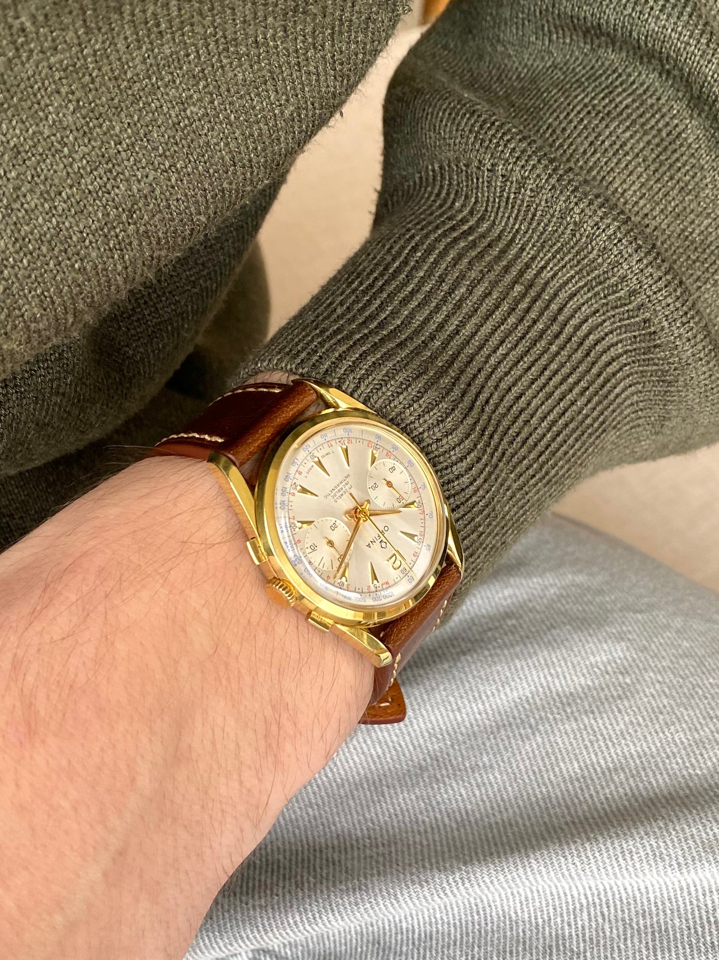 Orfina Montre Chronographe Suisse Landeron 248 Plaqué Or Vintage Mécanique 1960