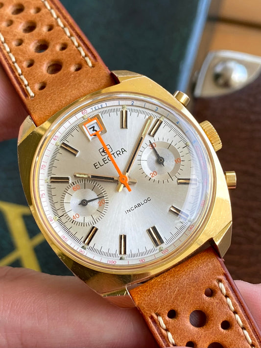 Electra Chronographe Montre Vintage Mécanique Valjoux 7734 Plaqué Or 1970