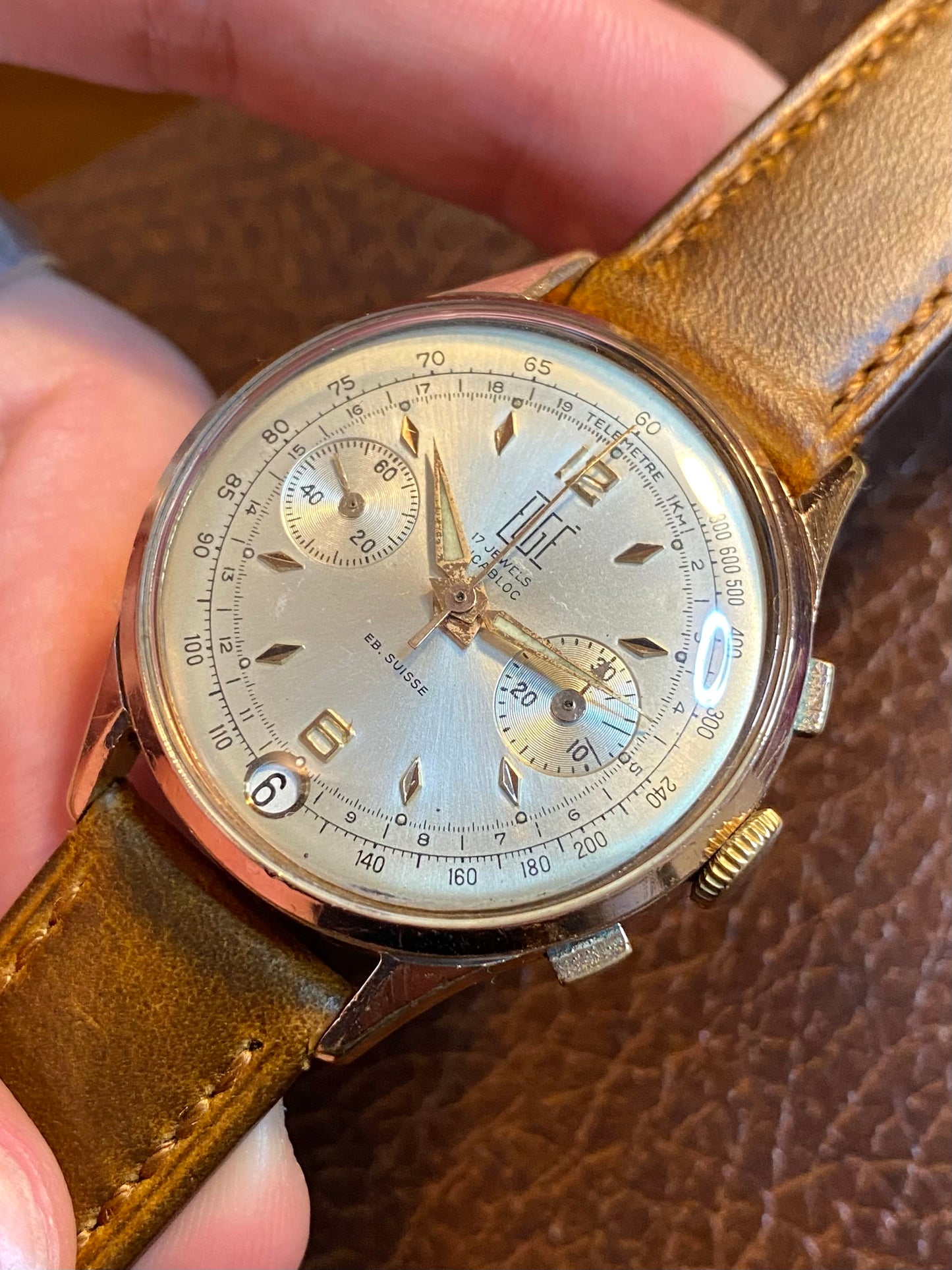 Elgé Ébauche Suisse Chronographe - Montre Vintage Mécanique Plaqué Or Landeron 187 - 1960