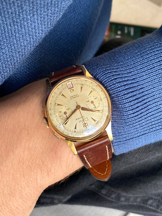 Difor Genève Chronographe Suisse Plaqué Or - Landeron 189 Date Montre Vintage Mécanique 1950