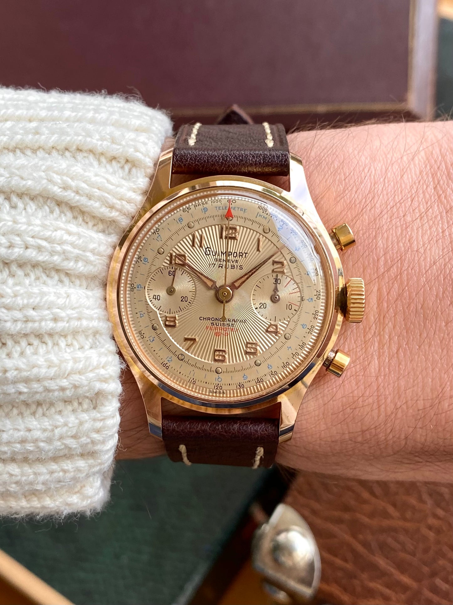 Guimport Genève Chronographe Suisse - Montre Vintage Mécanique Cadran Guilloché Plaqué Or - Landeron 151