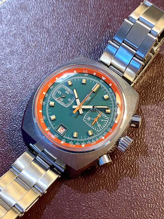 LIP Chronographe Montre Vintage Français - Cadran Vert & Orange - Valjoux 7734 Oversize - 1970