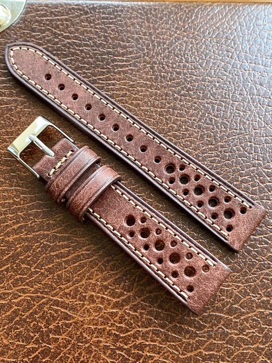 Bracelet de Montre Vintage - BORDEAUX Rallye Sport 18mm - Cuir Véritable Ajouré
