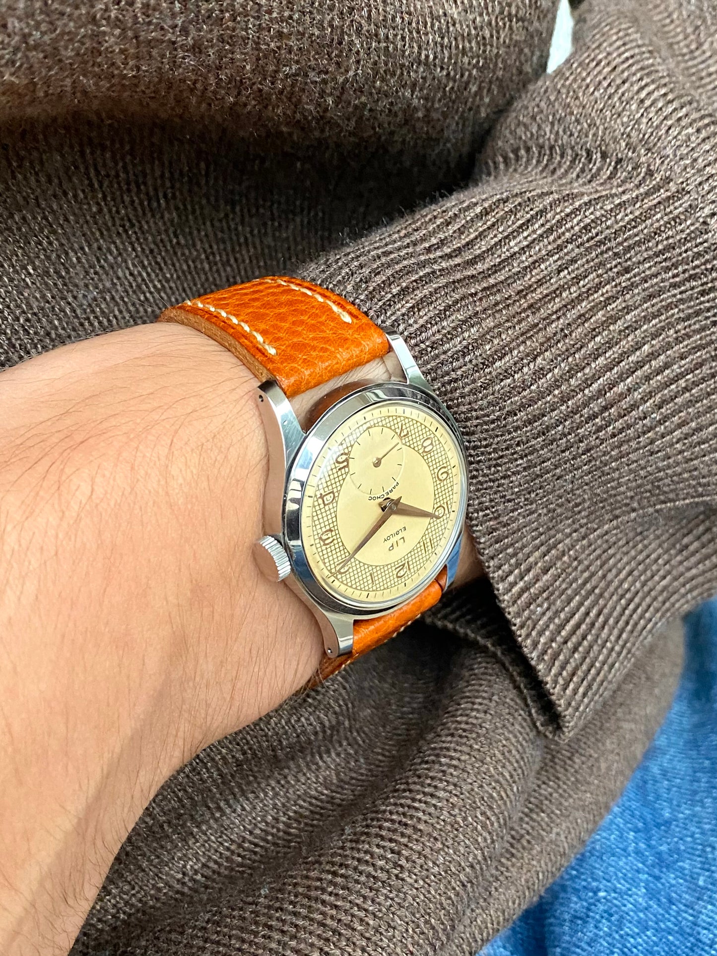 LIP Elgiloy PareChoc R25 Cadran Guilloché "Nid d’Abeille" Montre Vintage Mécanique France 1950