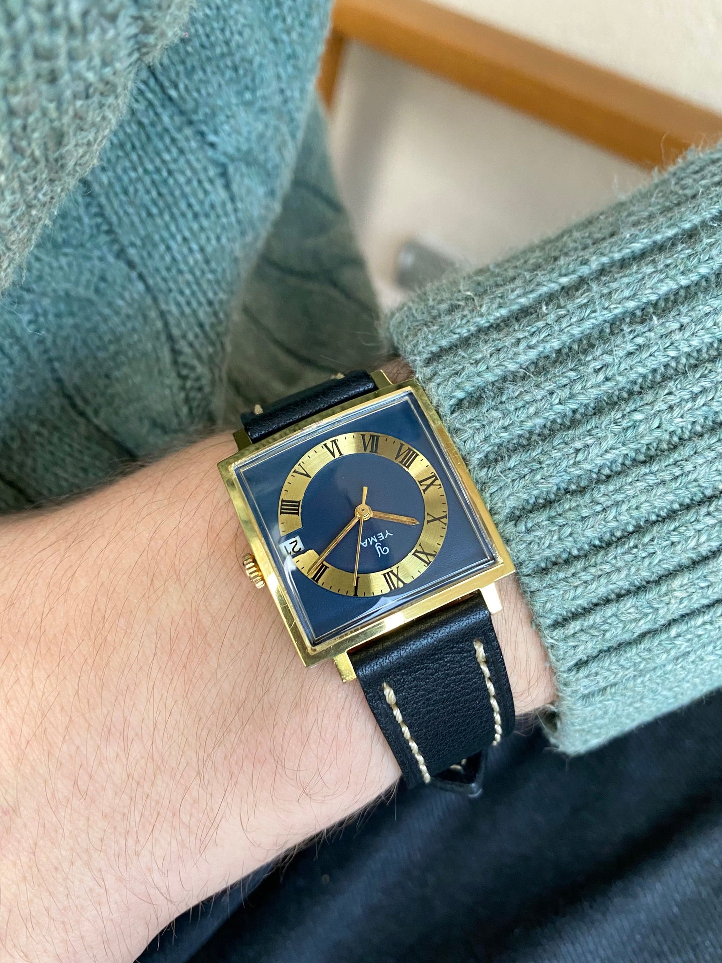 Yema Montre Vintage Mécanique Plaqué Or Cadran Bleu Marine 1960