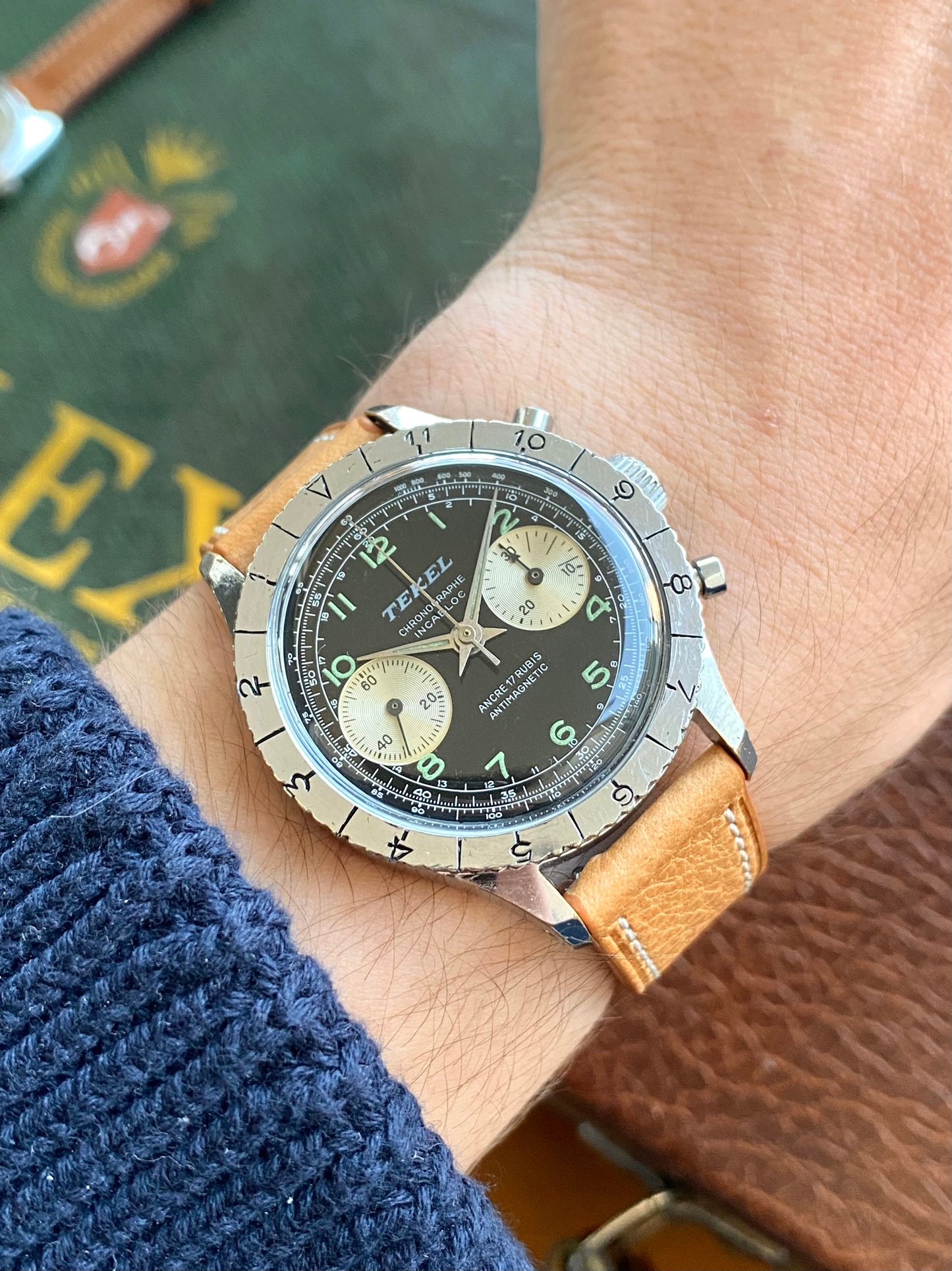 Montre Chronographe Aviation TEKEL - Montre Vintage Mécanique Landeron 248 - Cadran Noir Jumbo- 1960