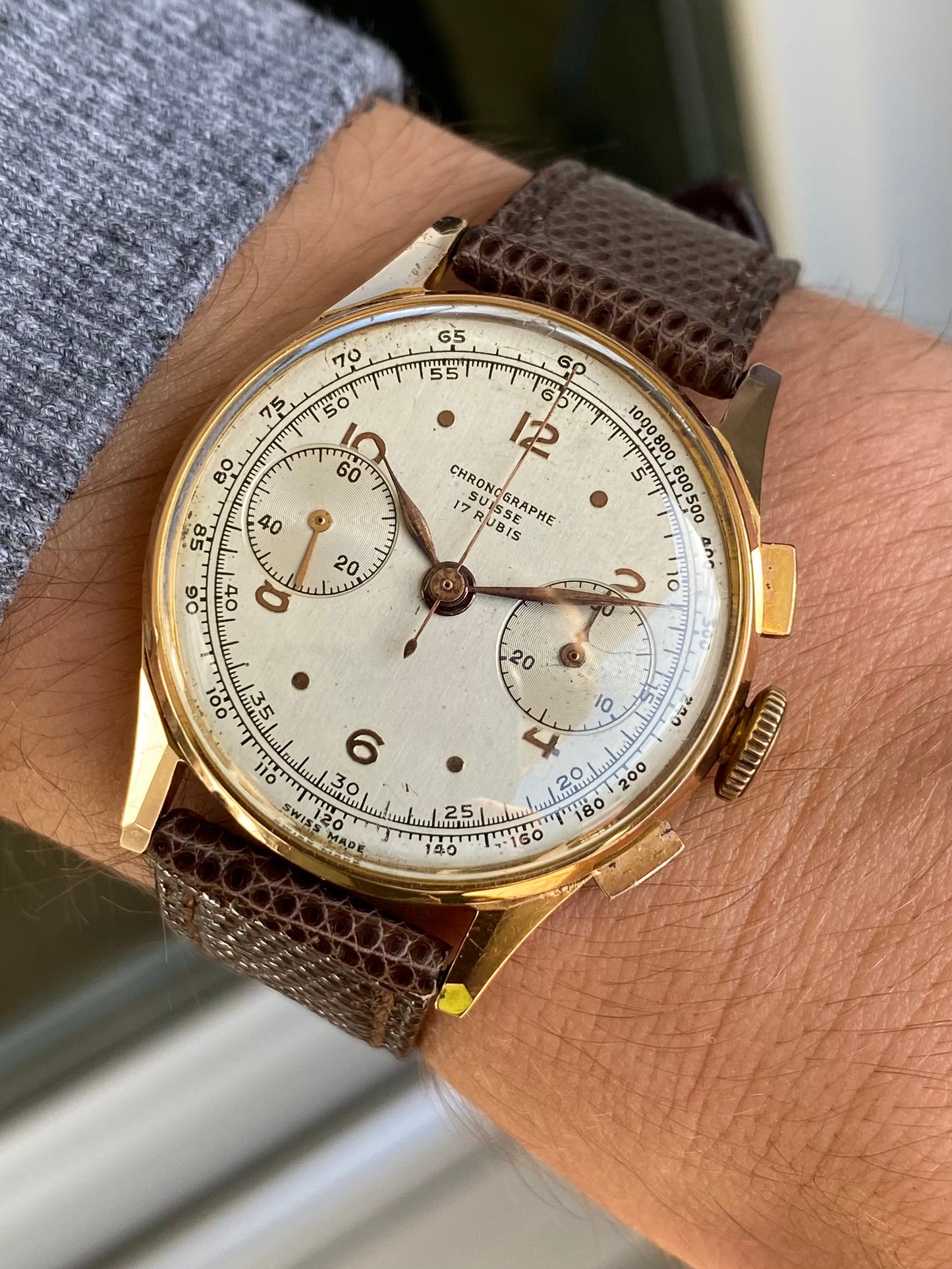 Chronographe Suisse 18k Or Rose 750/1000 Montre Vintage Mécanique Landeron 48 1950
