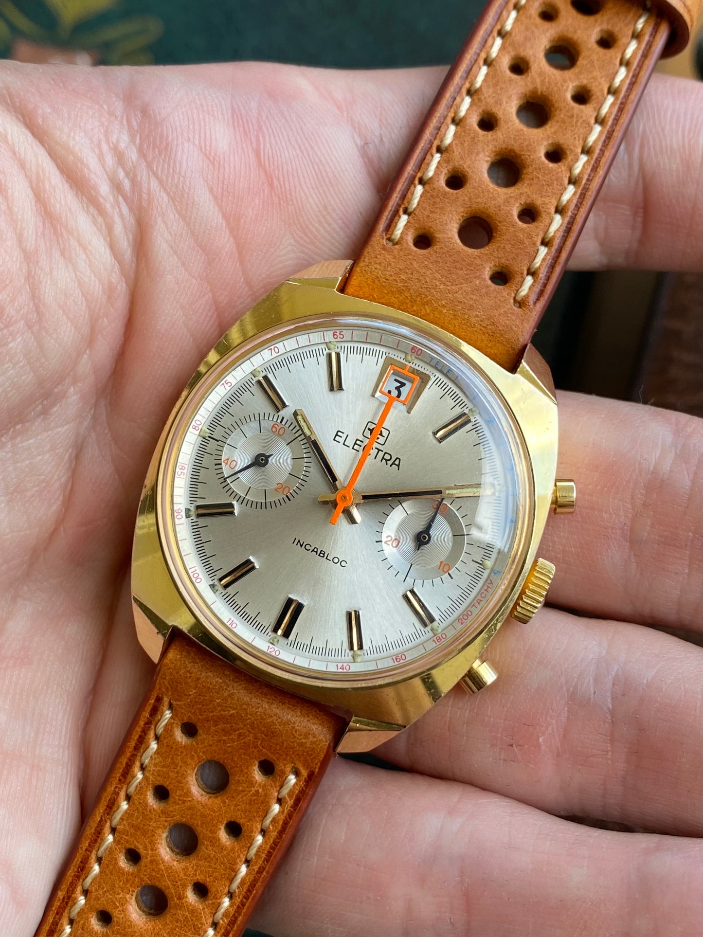 Electra Chronographe Montre Vintage Mécanique Valjoux 7734 Plaqué Or 1970