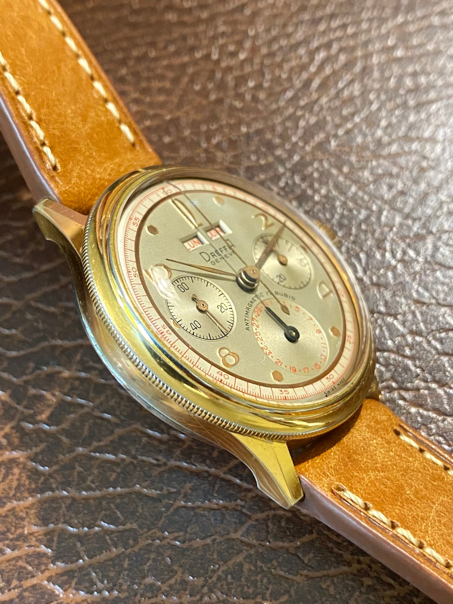 Dreffa Genève Chronographe Triple Date Calendar Landeron 59 - Lunette Tourante - Montre Vintage Plaqué Or 1950