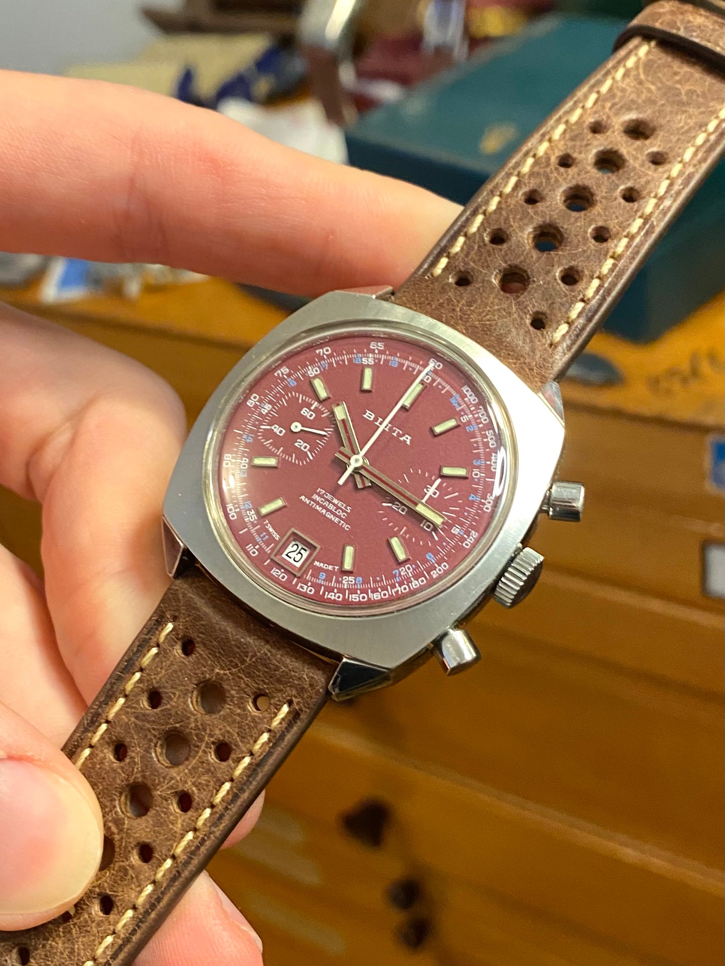 Blita Montre Vintage Chronographe Mécanique Valjoux 7734 - Cadran Bordeaux Sport Rallye 1970