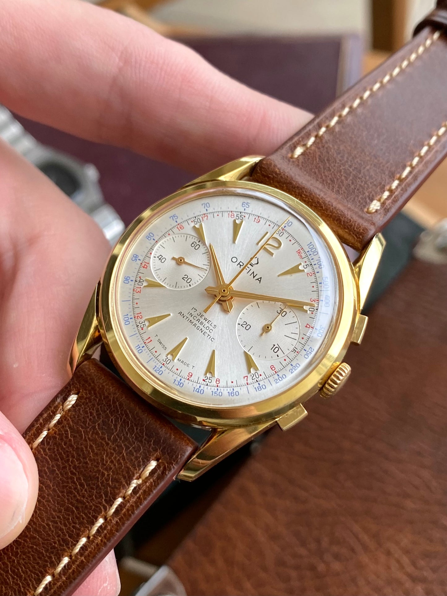 Orfina Montre Chronographe Suisse Landeron 248 Plaqué Or Vintage Mécanique 1960