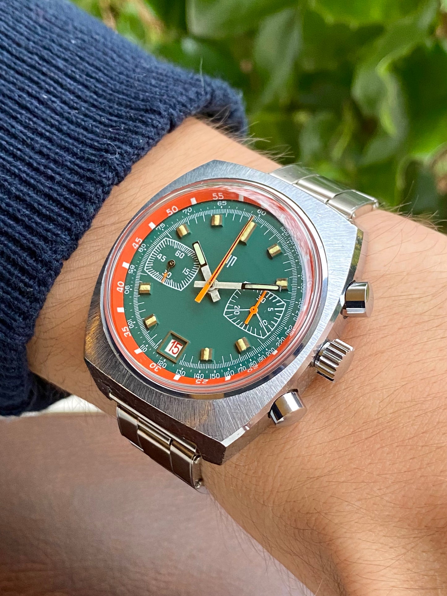 LIP Chronographe Montre Vintage Français - Cadran Vert & Orange - Valjoux 7734 Oversize - 1970