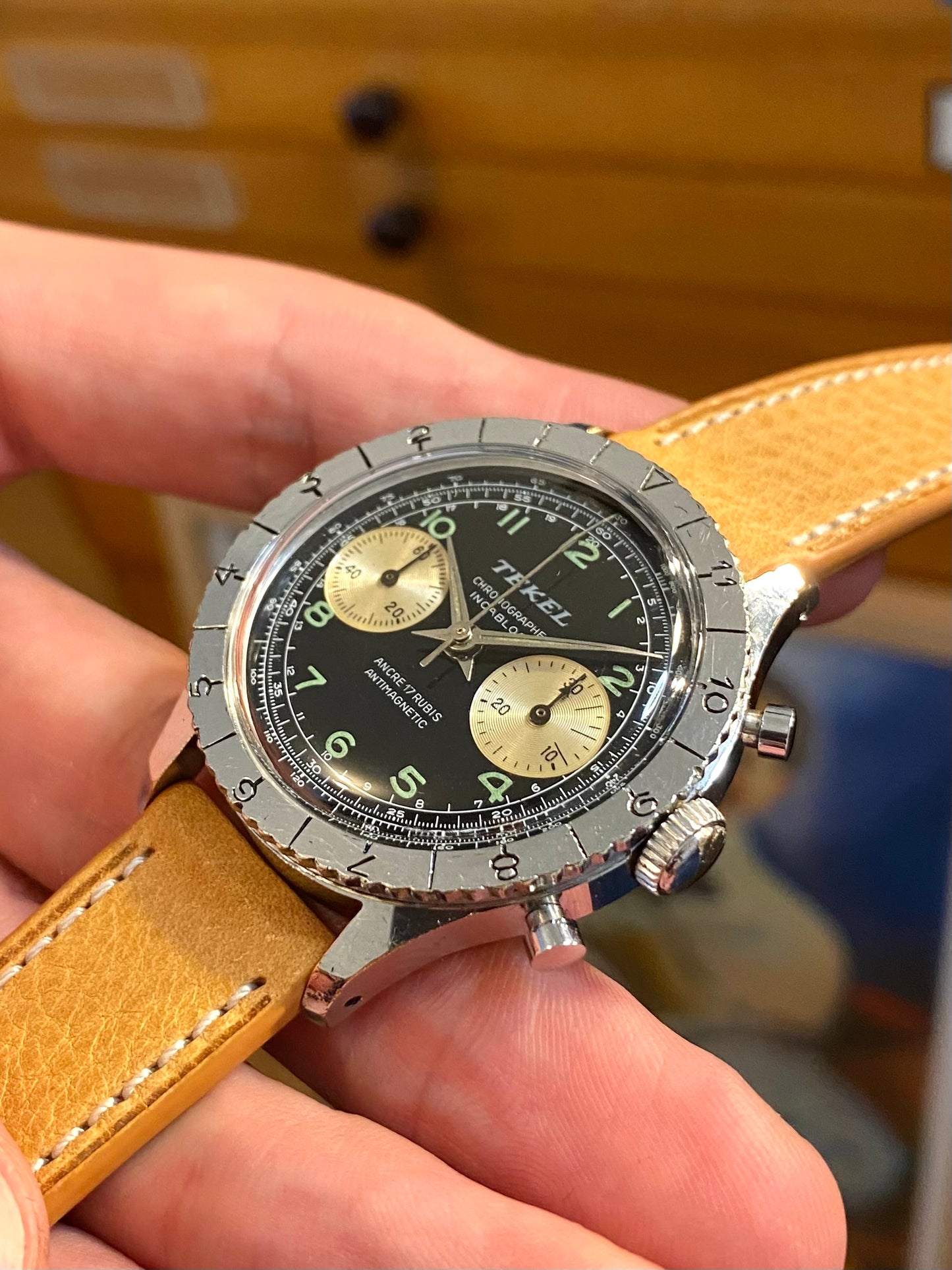 Montre Chronographe Aviation TEKEL - Montre Vintage Mécanique Landeron 248 - Cadran Noir Jumbo- 1960