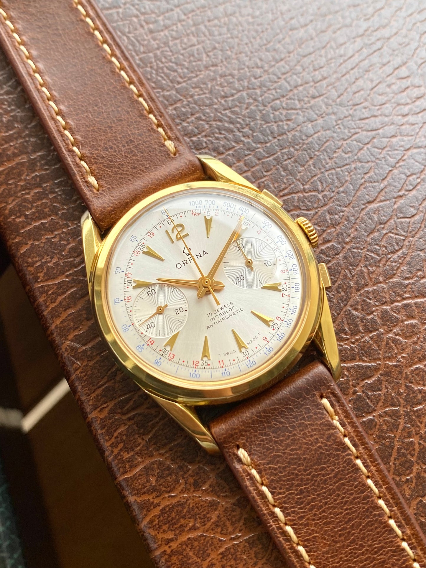 Orfina Montre Chronographe Suisse Landeron 248 Plaqué Or Vintage Mécanique 1960