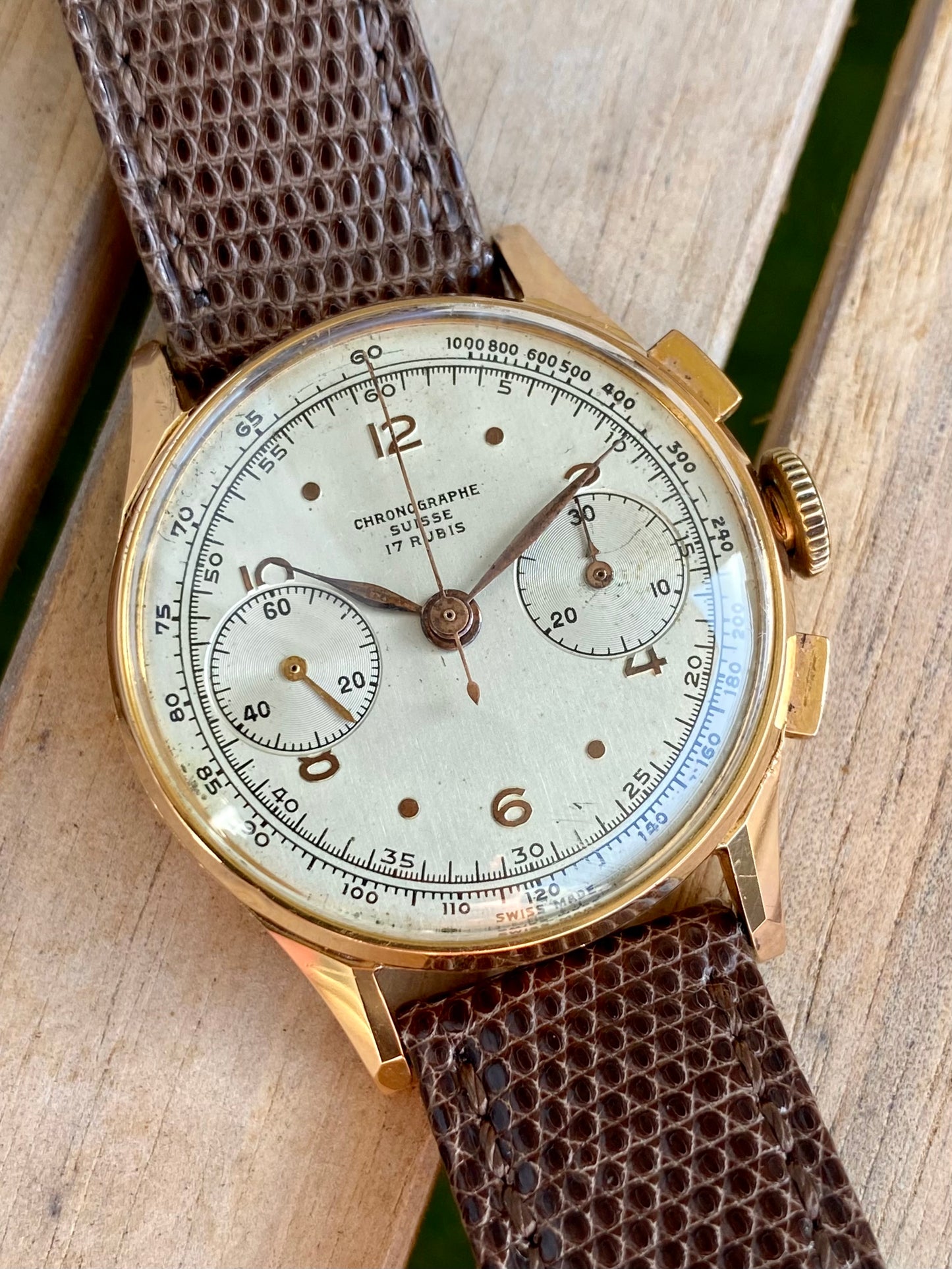 Chronographe Suisse 18k Or Rose 750/1000 Montre Vintage Mécanique Landeron 48 1950