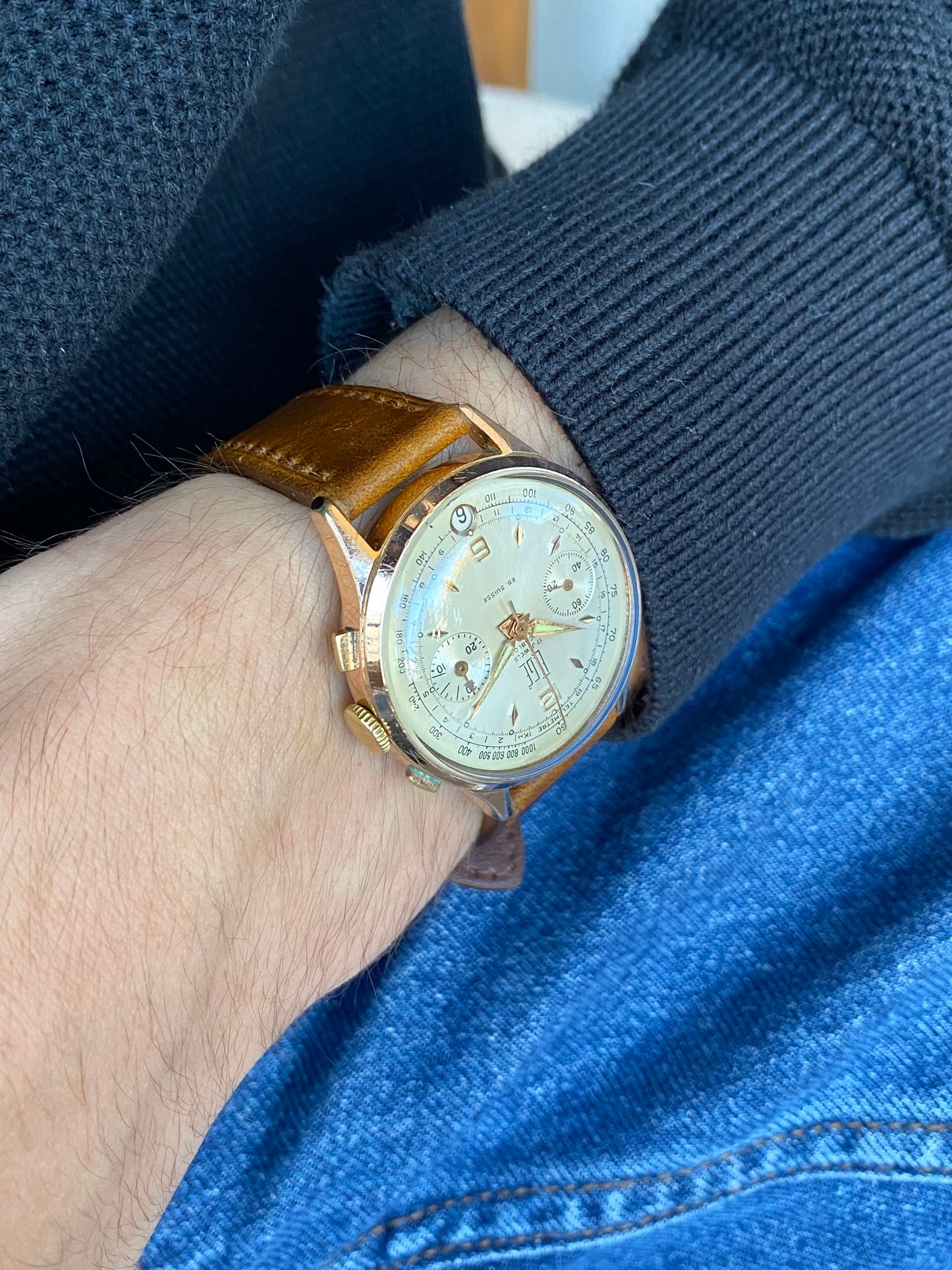 Elgé Ébauche Suisse Chronographe - Montre Vintage Mécanique Plaqué Or Landeron 187 - 1960