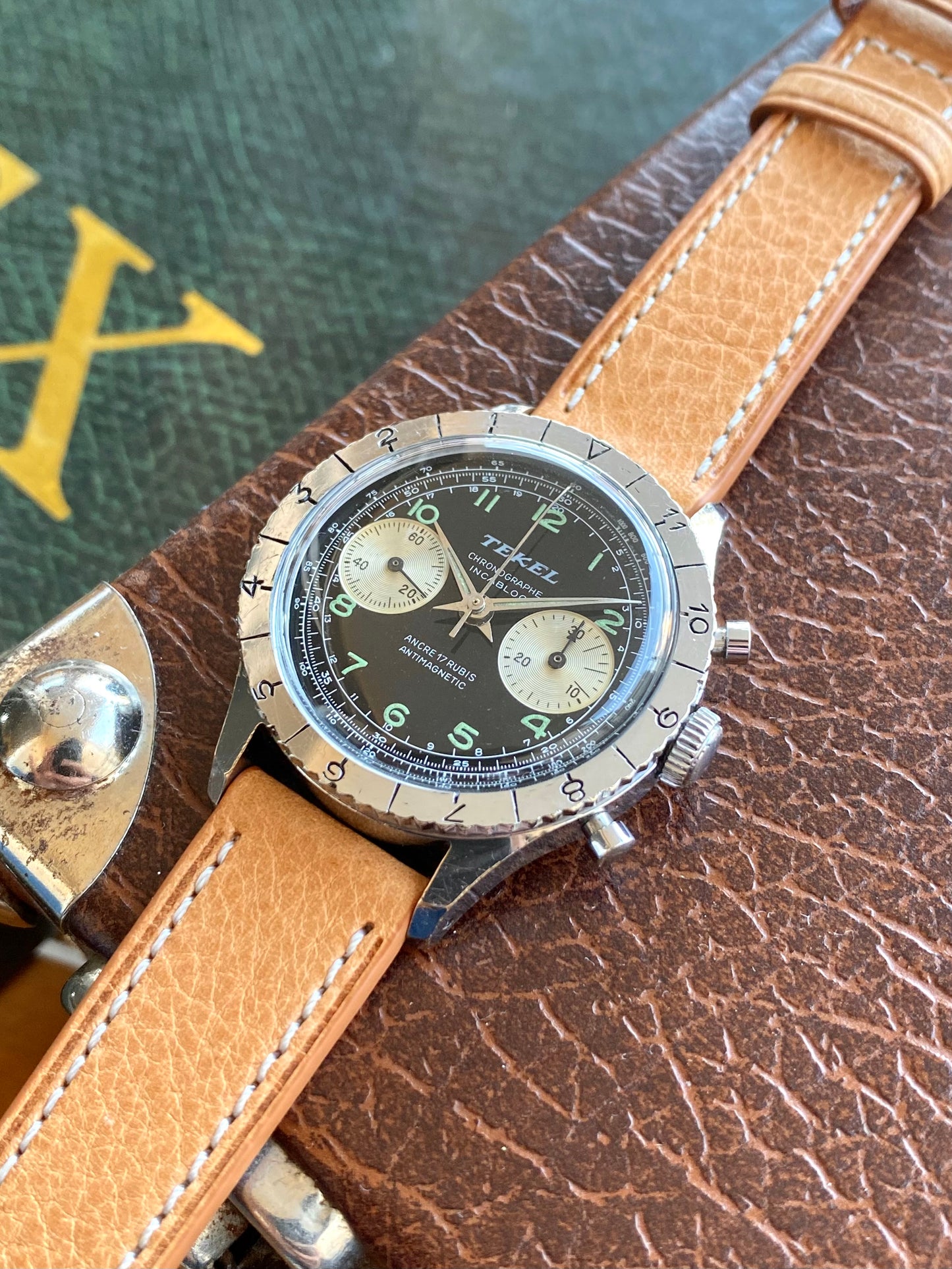 Montre Chronographe Aviation TEKEL - Montre Vintage Mécanique Landeron 248 - Cadran Noir Jumbo- 1960