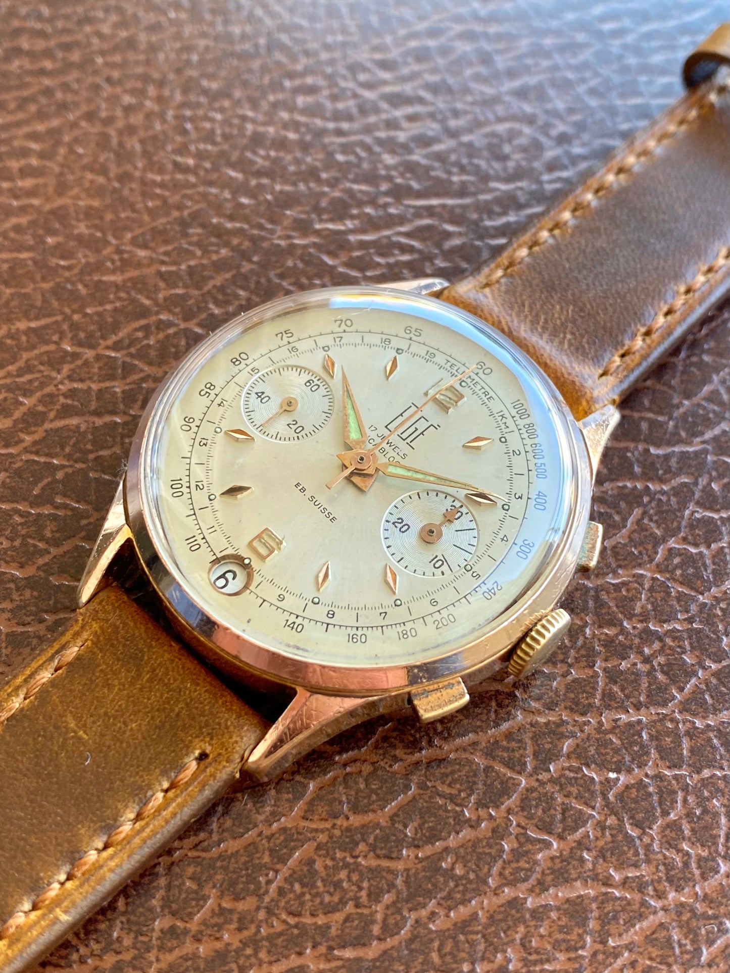 Elgé Ébauche Suisse Chronographe - Montre Vintage Mécanique Plaqué Or Landeron 187 - 1960