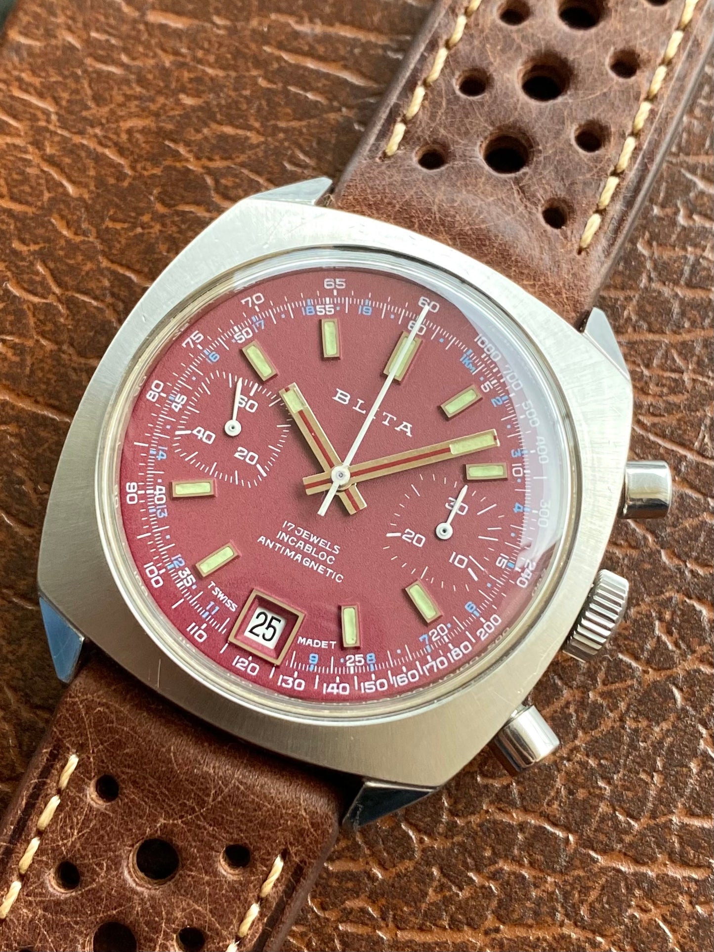 Blita Montre Vintage Chronographe Mécanique Valjoux 7734 - Cadran Bordeaux Sport Rallye 1970