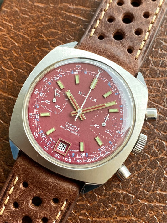 Blita Montre Vintage Chronographe Mécanique Valjoux 7734 - Cadran Bordeaux Sport Rallye 1970